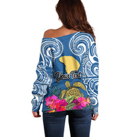 Custom Hawaii Lanai Island Off Shoulder Sweater Hibiscus Turle and Map with Polynesian Spiral LT03 - Polynesian Pride