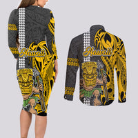 Hawaii Lanai Island Couples Matching Long Sleeve Bodycon Dress and Long Sleeve Button Shirts Hawaiian Warrior and Kakau Symbols Abstract Tattoo LT03 - Polynesian Pride