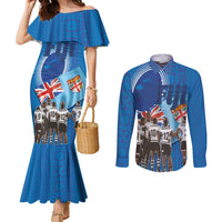 Fiji Rugby Sevens Couples Matching Mermaid Dress and Long Sleeve Button Shirt Commemorate Gold Medal - Rio de Janeiro 2016 LT03 Blue - Polynesian Pride