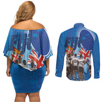 Fiji Rugby Sevens Couples Matching Off Shoulder Short Dress and Long Sleeve Button Shirt Commemorate Gold Medal - Rio de Janeiro 2016 LT03 - Polynesian Pride