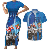 Fiji Rugby Sevens Couples Matching Short Sleeve Bodycon Dress and Hawaiian Shirt Commemorate Gold Medal - Rio de Janeiro 2016 LT03 Blue - Polynesian Pride