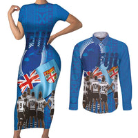 Fiji Rugby Sevens Couples Matching Short Sleeve Bodycon Dress and Long Sleeve Button Shirt Commemorate Gold Medal - Rio de Janeiro 2016 LT03 Blue - Polynesian Pride