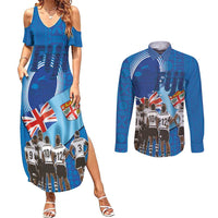 Fiji Rugby Sevens Couples Matching Summer Maxi Dress and Long Sleeve Button Shirt Commemorate Gold Medal - Rio de Janeiro 2016 LT03 Blue - Polynesian Pride