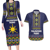 Philippines Merry Christmas Couples Matching Long Sleeve Bodycon Dress and Hawaiian Shirt Maligayang Pasko with Parol and Xmas Pattern Barong Style LT03 Blue - Polynesian Pride
