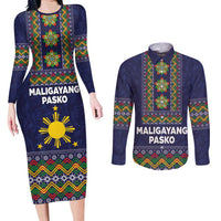 Philippines Merry Christmas Couples Matching Long Sleeve Bodycon Dress and Long Sleeve Button Shirt Maligayang Pasko with Parol and Xmas Pattern Barong Style LT03 Blue - Polynesian Pride