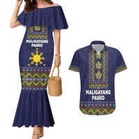Philippines Merry Christmas Couples Matching Mermaid Dress and Hawaiian Shirt Maligayang Pasko with Parol and Xmas Pattern Barong Style LT03 Blue - Polynesian Pride
