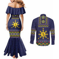 Philippines Merry Christmas Couples Matching Mermaid Dress and Long Sleeve Button Shirt Maligayang Pasko with Parol and Xmas Pattern Barong Style LT03 - Polynesian Pride