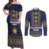 Philippines Merry Christmas Couples Matching Off Shoulder Maxi Dress and Long Sleeve Button Shirt Maligayang Pasko with Parol and Xmas Pattern Barong Style LT03 Blue - Polynesian Pride