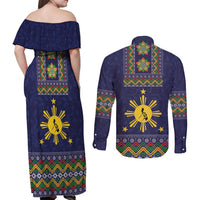 Philippines Merry Christmas Couples Matching Off Shoulder Maxi Dress and Long Sleeve Button Shirt Maligayang Pasko with Parol and Xmas Pattern Barong Style LT03 - Polynesian Pride