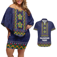 Philippines Merry Christmas Couples Matching Off Shoulder Short Dress and Hawaiian Shirt Maligayang Pasko with Parol and Xmas Pattern Barong Style LT03 Blue - Polynesian Pride