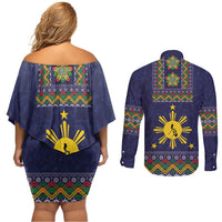 Philippines Merry Christmas Couples Matching Off Shoulder Short Dress and Long Sleeve Button Shirt Maligayang Pasko with Parol and Xmas Pattern Barong Style LT03 - Polynesian Pride