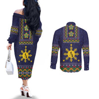 Philippines Merry Christmas Couples Matching Off The Shoulder Long Sleeve Dress and Long Sleeve Button Shirt Maligayang Pasko with Parol and Xmas Pattern Barong Style LT03 - Polynesian Pride