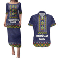 Philippines Merry Christmas Couples Matching Puletasi and Hawaiian Shirt Maligayang Pasko with Parol and Xmas Pattern Barong Style LT03 Blue - Polynesian Pride