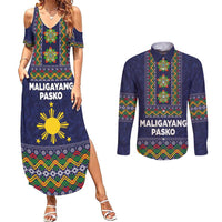 Philippines Merry Christmas Couples Matching Summer Maxi Dress and Long Sleeve Button Shirt Maligayang Pasko with Parol and Xmas Pattern Barong Style LT03 Blue - Polynesian Pride