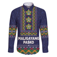 Philippines Merry Christmas Family Matching Puletasi and Hawaiian Shirt Maligayang Pasko with Parol and Xmas Pattern Barong Style LT03 Dad's Shirt - Long Sleeve Blue - Polynesian Pride