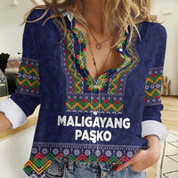 Philippines Merry Christmas Women Casual Shirt Maligayang Pasko with Parol and Xmas Pattern Barong Style LT03 Female Blue - Polynesian Pride