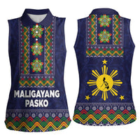 Philippines Merry Christmas Women Sleeveless Polo Shirt Maligayang Pasko with Parol and Xmas Pattern Barong Style LT03 - Polynesian Pride