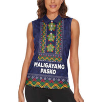 Philippines Merry Christmas Women Sleeveless Polo Shirt Maligayang Pasko with Parol and Xmas Pattern Barong Style LT03 - Polynesian Pride
