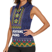 Philippines Merry Christmas Women Sleeveless Polo Shirt Maligayang Pasko with Parol and Xmas Pattern Barong Style LT03 - Polynesian Pride