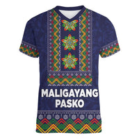 Philippines Merry Christmas Women V-Neck T-Shirt Maligayang Pasko with Parol and Xmas Pattern Barong Style LT03 Female Blue - Polynesian Pride