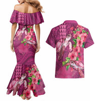 Hawaiian Turtle Love Couple Couples Matching Mermaid Dress and Hawaiian Shirt - Sweet Hibiscus and Kakau Pattern Rose Color LT03 - Polynesian Pride