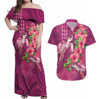 Hawaiian Turtle Love Couple Couples Matching Off Shoulder Maxi Dress and Hawaiian Shirt - Sweet Hibiscus and Kakau Pattern Rose Color LT03 Pink - Polynesian Pride