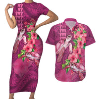 Hawaiian Turtle Love Couple Couples Matching Short Sleeve Bodycon Dress and Hawaiian Shirt - Sweet Hibiscus and Kakau Pattern Rose Color LT03 Pink - Polynesian Pride