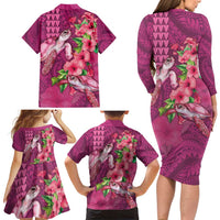 Hawaiian Turtle Love Couple Family Matching Long Sleeve Bodycon Dress and Hawaiian Shirt - Sweet Hibiscus and Kakau Pattern Rose Color