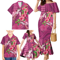 Hawaiian Turtle Love Couple Family Matching Mermaid Dress and Hawaiian Shirt - Sweet Hibiscus and Kakau Pattern Rose Color LT03 - Polynesian Pride
