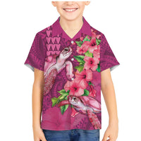 Hawaiian Turtle Love Couple Family Matching Mermaid Dress and Hawaiian Shirt - Sweet Hibiscus and Kakau Pattern Rose Color LT03 Son's Shirt Pink - Polynesian Pride