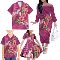 Hawaiian Turtle Love Couple Family Matching Off The Shoulder Long Sleeve Dress and Hawaiian Shirt - Sweet Hibiscus and Kakau Pattern Rose Color LT03 - Polynesian Pride