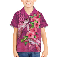 Hawaiian Turtle Love Couple Family Matching Off The Shoulder Long Sleeve Dress and Hawaiian Shirt - Sweet Hibiscus and Kakau Pattern Rose Color LT03 Son's Shirt Pink - Polynesian Pride