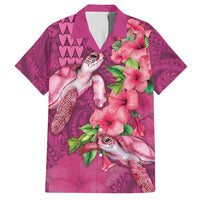 Hawaiian Turtle Love Couple Family Matching Off Shoulder Maxi Dress and Hawaiian Shirt - Sweet Hibiscus and Kakau Pattern Rose Color LT03 Dad's Shirt - Short Sleeve Pink - Polynesian Pride