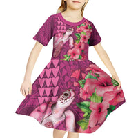 Hawaiian Turtle Love Couple Kid Short Sleeve Dress - Sweet Hibiscus and Kakau Pattern Rose Color LT03 - Polynesian Pride