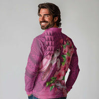 Hawaiian Turtle Love Couple Long Sleeve Polo Shirt - Sweet Hibiscus and Kakau Pattern Rose Color LT03 - Polynesian Pride