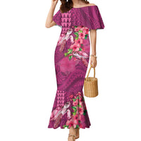 Hawaiian Turtle Love Couple Mermaid Dress - Sweet Hibiscus and Kakau Pattern Rose Color LT03 Women Pink - Polynesian Pride