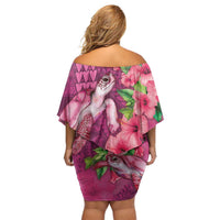 Hawaiian Turtle Love Couple Off Shoulder Short Dress - Sweet Hibiscus and Kakau Pattern Rose Color LT03 - Polynesian Pride