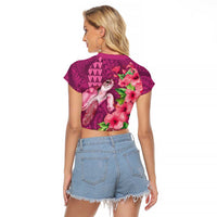 Hawaiian Turtle Love Couple Raglan Cropped T Shirt - Sweet Hibiscus and Kakau Pattern Rose Color LT03 - Polynesian Pride
