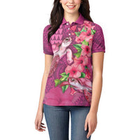 Hawaiian Turtle Love Couple Women Polo Shirt - Sweet Hibiscus and Kakau Pattern Rose Color