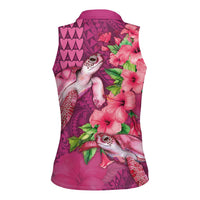 Hawaiian Turtle Love Couple Women Sleeveless Polo Shirt - Sweet Hibiscus and Kakau Pattern Rose Color LT03 - Polynesian Pride