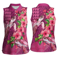 Hawaiian Turtle Love Couple Women Sleeveless Polo Shirt - Sweet Hibiscus and Kakau Pattern Rose Color LT03 - Polynesian Pride