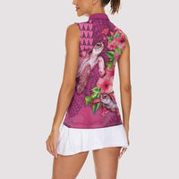 Hawaiian Turtle Love Couple Women Sleeveless Polo Shirt - Sweet Hibiscus and Kakau Pattern Rose Color LT03 - Polynesian Pride