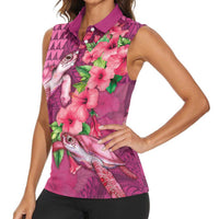 Hawaiian Turtle Love Couple Women Sleeveless Polo Shirt - Sweet Hibiscus and Kakau Pattern Rose Color LT03 - Polynesian Pride