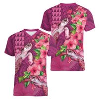 Hawaiian Turtle Love Couple Women V-Neck T-Shirt - Sweet Hibiscus and Kakau Pattern Rose Color LT03 - Polynesian Pride