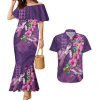 Hawaiian Turtle Love Couple Couples Matching Mermaid Dress and Hawaiian Shirt - Sweet Hibiscus and Kakau Pattern Deep Purple Color LT03 Purple - Polynesian Pride