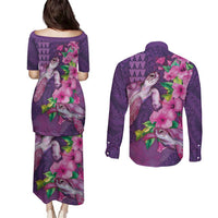 Hawaiian Turtle Love Couple Couples Matching Puletasi and Long Sleeve Button Shirt - Sweet Hibiscus and Kakau Pattern Deep Purple Color LT03 - Polynesian Pride