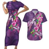 Hawaiian Turtle Love Couple Couples Matching Short Sleeve Bodycon Dress and Hawaiian Shirt - Sweet Hibiscus and Kakau Pattern Deep Purple Color LT03 Purple - Polynesian Pride