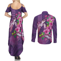 Hawaiian Turtle Love Couple Couples Matching Summer Maxi Dress and Long Sleeve Button Shirt - Sweet Hibiscus and Kakau Pattern Deep Purple Color