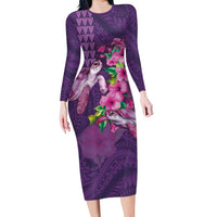 Hawaiian Turtle Love Couple Family Matching Long Sleeve Bodycon Dress and Hawaiian Shirt - Sweet Hibiscus and Kakau Pattern Deep Purple Color