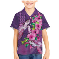 Hawaiian Turtle Love Couple Family Matching Mermaid Dress and Hawaiian Shirt - Sweet Hibiscus and Kakau Pattern Deep Purple Color LT03 Son's Shirt Purple - Polynesian Pride